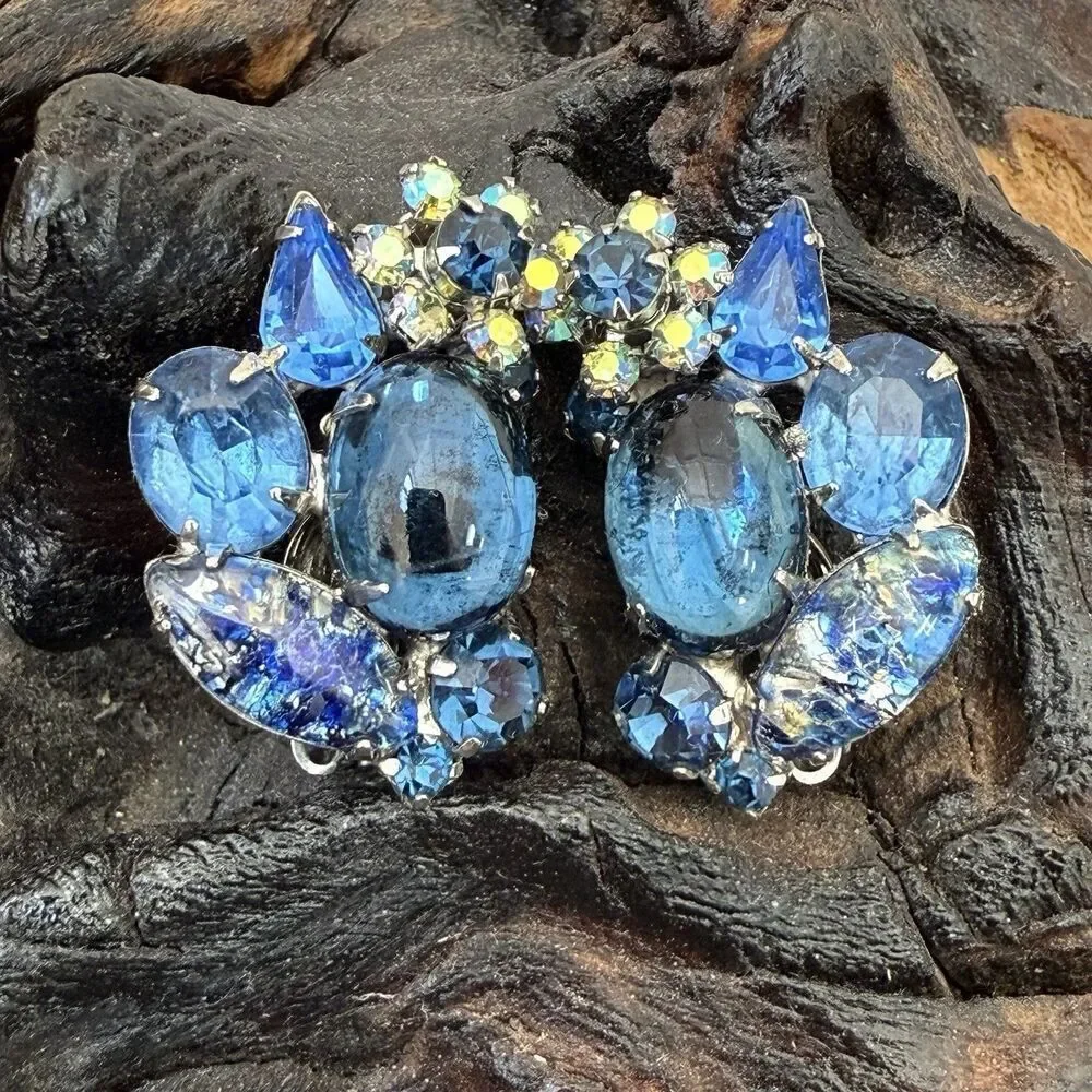 Vintage Hattie Carnegie Demi-Parure Blue Domed Cluster Cabochon AB Rhinestone